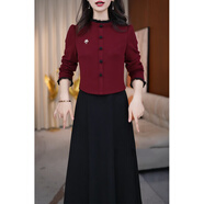 王小鴨時(shí)尚拼接假兩件連衣裙女2025秋季新款高端媽媽氣質(zhì)減齡裙子 酒紅+黑裙假兩件 3XL