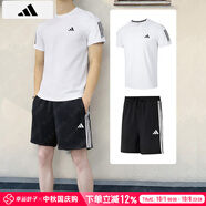阿迪達斯 （adidas）運動(dòng)套裝男 運動(dòng)服快干潮時(shí)尚三條紋短袖T恤 跑步學(xué)生短褲休閑褲 速干短袖IK7436+梭織短褲 M