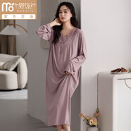 莫代爾長(cháng)袖睡裙女春秋季蕾絲V領(lǐng)長(cháng)款過(guò)膝女士連衣裙中年媽媽寬松居家裙 1844女士 M （80-100斤）