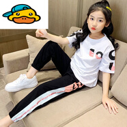 G.duck女童套裝 中學(xué)生夏裝兩件套短袖九分褲夏季6-15歲小女孩休閑衣服9 【白T恤+黑褲】 150
