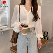 皮爾卡丹（pierre cardin）v領(lǐng)長袖針織衫女春秋薄款百搭上衣開衫外搭燈籠袖毛衣短外套秋冬 白色(版) 均碼 高彈力 70-130斤