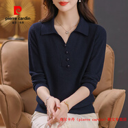 皮爾卡丹（pierre cardin）品牌高檔輕奢純羊毛衫女洋氣上衣翻領(lǐng)針織毛衣春秋中年媽媽打底羊 品牌高端新品-藏青色 66677 3XL
