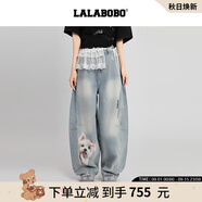 拉拉波波【商場同款】LALABOBO牛仔褲25年秋新款原創(chuàng)直筒印花微闊顯高褲子 中藍白 28