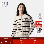 GAP女裝2025春季新款刺繡logo條紋絞花圓領針織衫常規(guī)毛衣729084 黑白條紋 M (165/84A) 亞洲尺碼