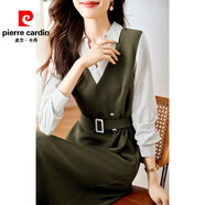 皮爾卡丹假兩件襯衫連衣裙女2025春秋季新款優(yōu)雅氣質(zhì)收腰顯瘦拼接長袖裙子 草綠色 XL