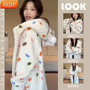 REJIP睡衣女秋冬季可愛(ài)卡通珊瑚絨新款加厚毛絨睡袍裙連體家居服外穿男 彩色波點(diǎn)睡袍+褲子 XL （建議體重140-160斤）