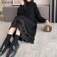 美安嘉加絨加厚毛衣裙顯瘦秋冬新款配大衣寬松遮肉連衣裙針織衫蕾絲裙厚 黑色 2XL