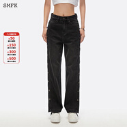 SMFK\x0aSMFK滑板解構(gòu)牛仔褲排扣寬松休閑直筒褲UJ001B/UJ001BL 午夜黑 M
