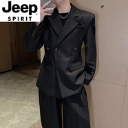 JEEP SPIRIT春秋法式墊肩西裝外套男士高級(jí)感穿搭套裝收腰立體廓形休閑西服潮 黑色外套 2XL