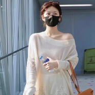 哦咯趙露思同款米白色斜領(lǐng)針織衫女秋裝2025新款蕾絲拼接防曬罩衫上衣 米白色 XL