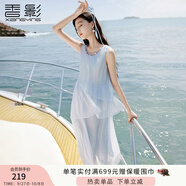 香影藍(lán)色海邊連衣裙女無袖2025夏裝新款不規(guī)則荷葉邊航海系沙灘裙 航線藍(lán) S 155/80A/85-95斤