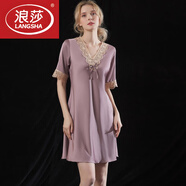 浪莎（LangSha）睡衣女性感冰夏季薄款蕾真絲大碼寬松短袖睡裙家居服感 玫瑰紫 XL