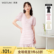 西遇V領泡泡袖連衣裙女2025年早夏新款法式褶皺收腰修身包臀裙子 粉色 M