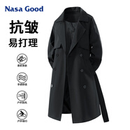 NASA GOOD中長(zhǎng)款風(fēng)衣男秋冬季防寒保暖寬松休閑雙排扣腰帶夾克外套 黑S