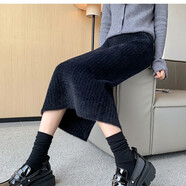 贏(yíng)鎮加厚水貂絨針織半身裙女秋冬季腰a字包臀半裙開(kāi)叉一步裙配毛衣 黑色 S