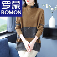 羅蒙（ROMON）大碼半高領(lǐng)羊毛衫中長加厚毛衣女寬松媽媽拼色羊毛絨打底衫 9102斜款  咖啡 2XL (建議130-140斤