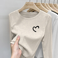 以純（YISHion）正肩純棉長(cháng)袖t恤女春秋2025新款外穿修身顯瘦螺紋圓領(lǐng)打底衫上衣 白灰色-黑半心 2XL 適合125-140斤