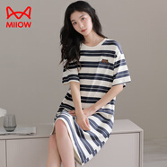 貓人（MiiOW）100%純棉睡裙女夏季薄款短袖中長(cháng)款條紋大碼睡衣家居服 Y1510條紋 2XL (建議140-160斤)