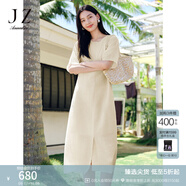 玖姿·安娜蔻古典風(fēng)優(yōu)雅氣質(zhì)萊賽爾提花收腰連衣裙女2025夏季新款 米黃 M