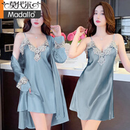 莫代爾夏季性感睡衣女夏季冰絲薄款長(cháng)袖仿真絲睡袍吊帶大碼睡裙兩件套裝 SYG-2053花邊兩件套藍灰色 L
