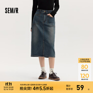 森馬（Semir）森柔牛仔|牛仔半身裙女開叉長裙顯腿長秋鹽系復(fù)古直筒裙潮酷 牛仔黃泥染80325 XL