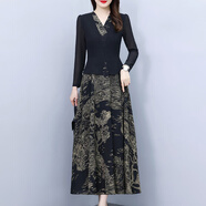 Qymira輕奢長(cháng)袖雪紡洋裝女士2025春秋新款媽媽高端品牌氣質(zhì)洋派假兩件 黑色 L (105-114斤)