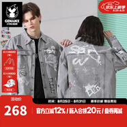 閃電潮牌（GENANX）牛仔外套男春季灰色磨白做舊涂鴉茄克衫街頭潮咔純棉牛仔夾克 灰色 XL