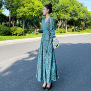 小紅書(shū)爆款碎花長(cháng)袖洋裝女2025年秋季新款法式裹身長(cháng)版桔梗裙收腰 藍色[常規款]160以上穿著(zhù) 均碼 M建議100-109斤