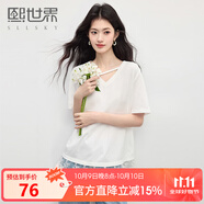 熙世界（sllsky）白色蕾絲拼接短袖T恤2025夏季新款寬松休閑獨(dú)特V領(lǐng)上衣 云朵白 2XL