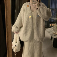 園翌秋冬季溫柔風(fēng)軟糯毛衣外套女流蘇裙兩件大碼胖mm 米白外套 M 建議80-100斤