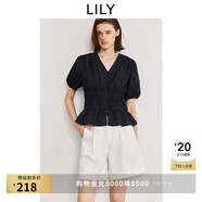 LILY2025夏新款女裝法式浪漫V領(lǐng)收腰休閑百搭通勤泡泡袖短袖襯衫 411藏青 M