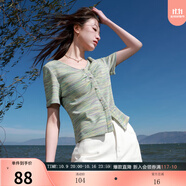 三彩大碼女裝2025春款暈染V領(lǐng)短袖T恤小衫套頭華夫格顯瘦胖MM 薄荷綠條紋 S 155/84B