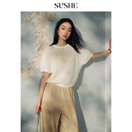 束皙SUSHE 奢牌同源超幼馬海毛純色彈力女針織白色短袖毛衣秋季 天光白 S