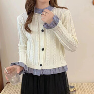 紜鴦長(cháng)袖毛衣針織開(kāi)衫女秋荷葉邊撞色拼接修身短款上衣外搭單上衣 杏色 均碼