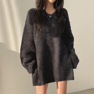 布力潘大碼毛衣200斤女秋冬寬松V領(lǐng)正肩針織衫款春季胖mm顯瘦中長(zhǎng)款 炭黑色毛衣【慵懶風(fēng)/寬松/蝴蝶結(jié)/搭配/氣質(zhì)/甜美 M (80-100斤)【美式復(fù)古/梨形身材穿搭/短上