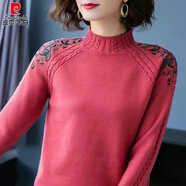 皮爾卡丹（pierre cardin）品牌羊毛衫女短款半高領(lǐng)毛衣寬松繡花套頭針織衫韓版新款打底衫 A86-紅色JZ 4XL 145-155斤