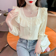 馨悠潔法式方領(lǐng)中袖雪紡襯衫女秋裝2025年秋季邊泡泡袖上衣小衫 杏色 L