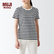 無印良品 MUJI 女式 天竺編織 T恤 短袖 正肩T恤 BBA01A2S  白色條紋 XS（150/76A）