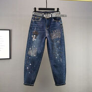 歐洲站燙鉆牛仔褲女式2024春秋季新款高腰寬松顯瘦棉彈哈倫褲垮褲 藍色6671 26