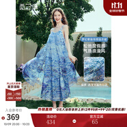 兩三事螢海珊瑚 2025夏季新款小仙女花邊肩帶印花吊帶裙飄逸連衣裙 藍花色 M