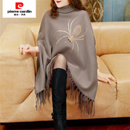 皮爾卡丹（pierre cardin）冬季新款高領(lǐng)流蘇針織毛衣蝙蝠衫外套女亮片寬松大碼顯瘦披肩斗篷 卡其色 M (100-110斤)