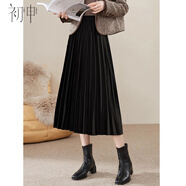 初申春秋黑色半身裙女高腰百搭中長(cháng)款A字百褶裙S51B064