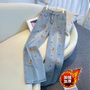 衣然呈品牛仔褲女秋冬新款加絨美式高街寬松高腰卡通立體刺繡闊腿長(cháng)褲子女 淺藍色加絨 XL 【建議125-140斤】