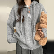 園翌灰色連帽套頭毛衣外套女秋冬季2025慵懶感加厚針織衫上衣 【灰色】【冬季超好看小個(gè)子穿搭感獨特漂亮毛衣奶fu S 40/45kg