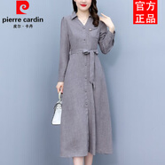 皮爾卡丹（pierre cardin）高端v領(lǐng)長袖棉麻襯衫連衣裙女秋新款連身裙蝴蝶結(jié)氣質(zhì)收腰a字裙子 灰色 M 【建議100斤內(nèi)】