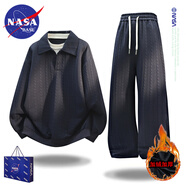 NASA BASE官方潮牌衛(wèi)衣套裝男秋冬季休閑運(yùn)動寬松假兩件上衣褲子情侶兩件套 2232藏青+1901藏青（加絨款） L （推薦體重115-130斤）