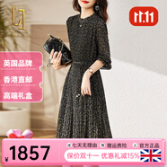 OLJ高檔品牌連衣裙女2025年春秋新款時尚氣質(zhì)圓領(lǐng)花瓣袖A字中長裙子 黑底紫花 M 適合80-105斤