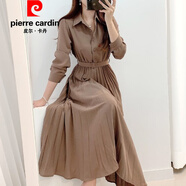 皮爾卡丹（pierre cardin）新品韓國(guó)chic秋季設(shè)計(jì)感小眾單排扣翻領(lǐng)襯衫連衣裙高腰百褶裙打底 咖色 S
