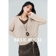 百家好（Basic House）休閑早秋假兩件側邊系帶收腰顯瘦長(cháng)袖針織衫女-B0624S5F602 卡其 M （90-120斤）