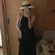 韓國chic法式優(yōu)雅簡(jiǎn)約圓領(lǐng)百褶設計感大露背無(wú)袖吊帶連衣裙長(cháng)裙女 黑色 均碼